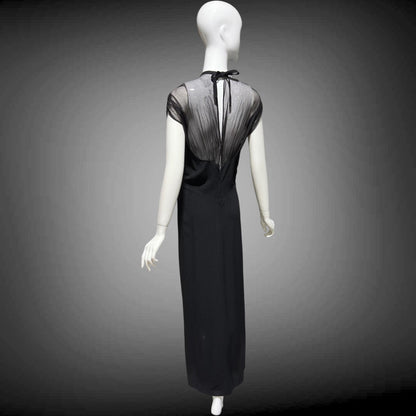 DOROTHY O'HARA vintage 1940s evening dress gown, Black crepe and mesh illusion neckline sheath gown