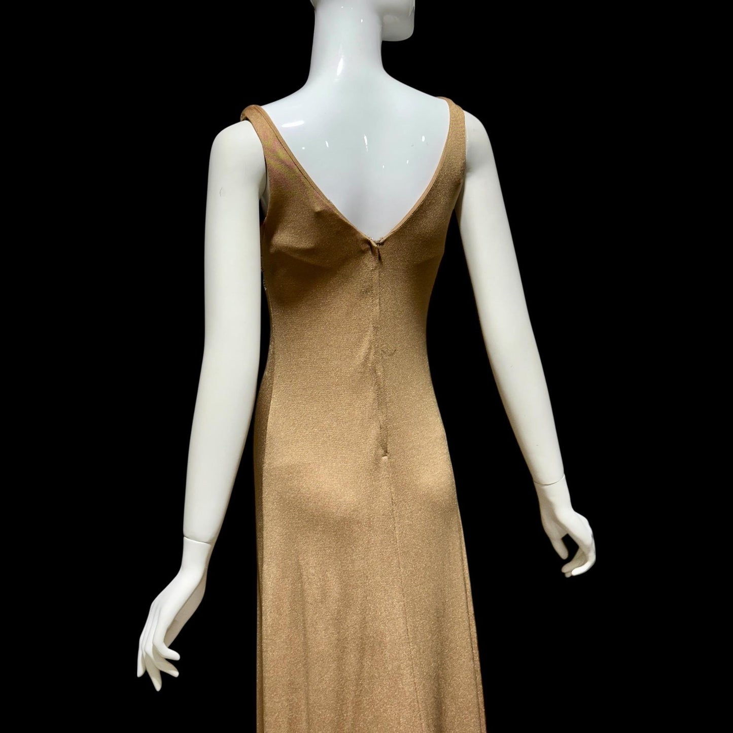 YOUNG DIMENSIONS SAKS Fifth Ave, vintage 1970s evening dress, Bronze slinky metallic knit maxi slip dress, Disco party cocktail dress