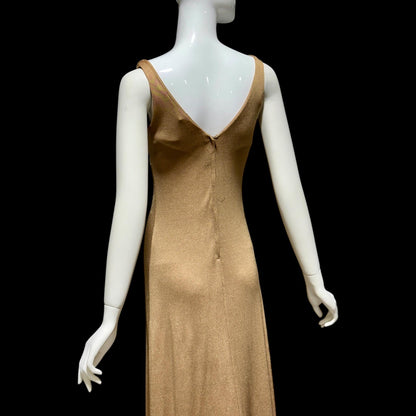 YOUNG DIMENSIONS SAKS Fifth Ave, vintage 1970s evening dress, Bronze slinky metallic knit maxi slip dress, Disco party cocktail dress