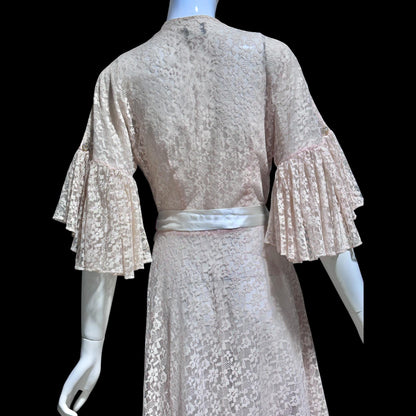 FLOBERT Vintage 1940s dressing gown robe, dusty pink sheer nylon lace wrap front full sweep housecoat hostess dress