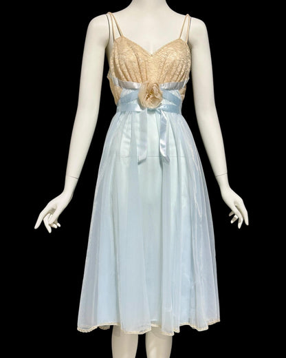 VANITY FAIR vintage 1950s nightgown, Powder Blue Nylon Lace House Dress Grecian Goddess