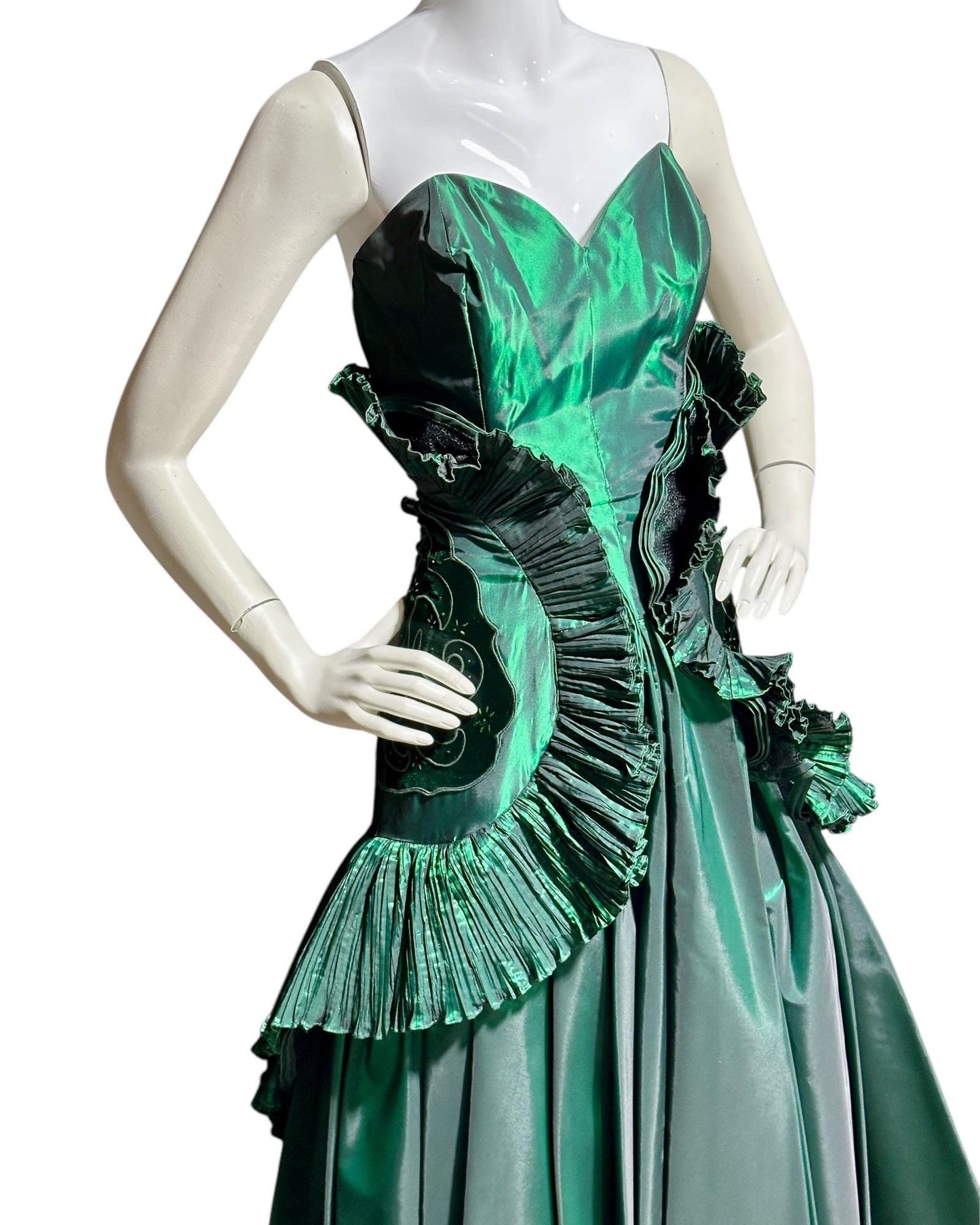 BLUME, vintage 1980s prom dress, Forest Green satin and ruffles, strapless cocktail party dress