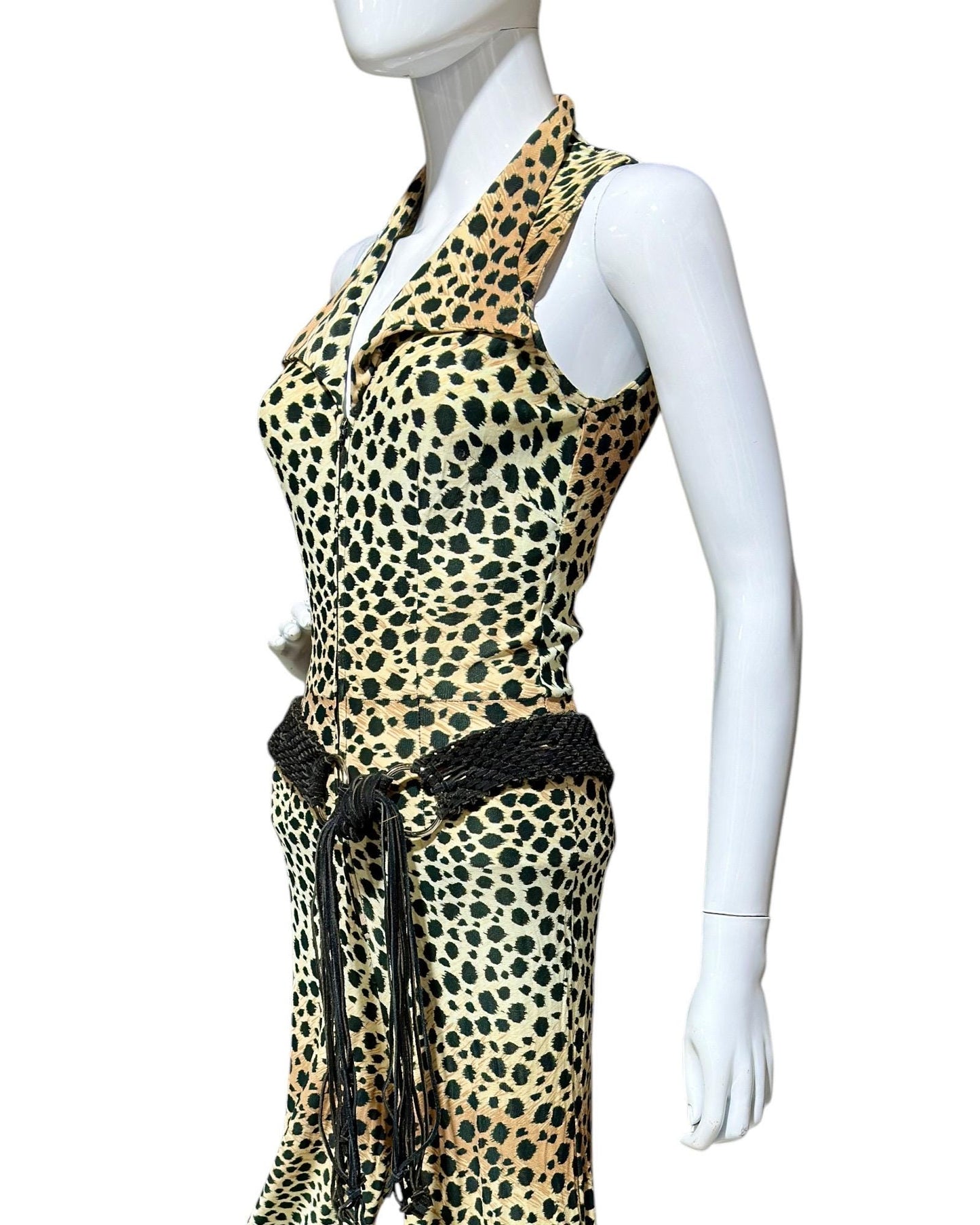 1970s vintage jumpsuit, Animal print BOND GIRL, bell bottom wide leg zip up jump suit