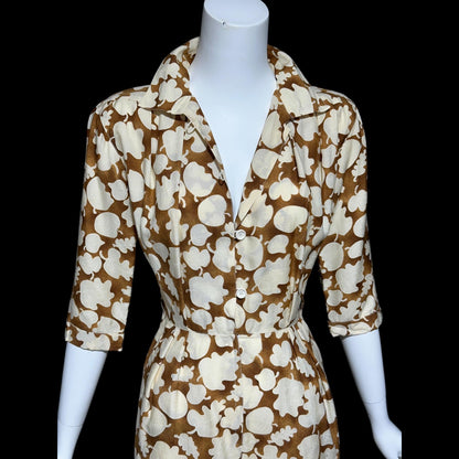 COURREGES vintage 1970s shirtdress, silk blend,  nutmeg and cream button front wear to work dress