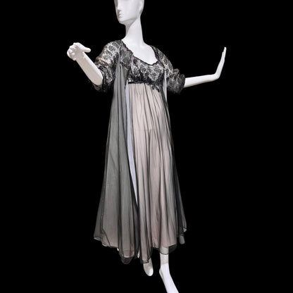 Warner's vintage 1960s peignoir set, frothy sheer black and pink chiffon nightgown robe set