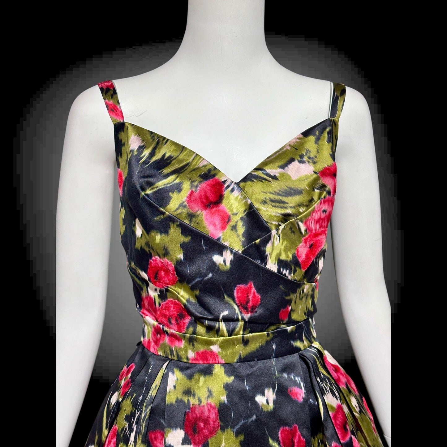 I. MAGNIN vintage 1950s evening dress, black floral cocktail party dress, Black with magenta poppies