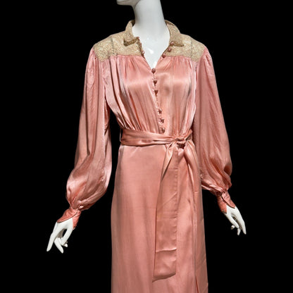 1930s vintage dressing gown robe, Shimmering Peachy pink silk with amazing lace, wrap front house coat loungewear