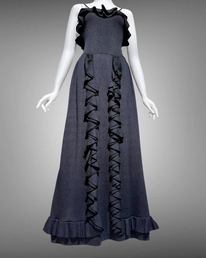 CRISSA 1970s vintage black knit ruffled slip dress, long maxi evening dress