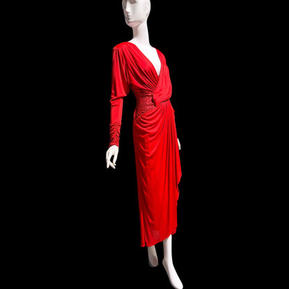 TADASHI Vintage evening dress gown, 1980s glam red sequin sarong gown