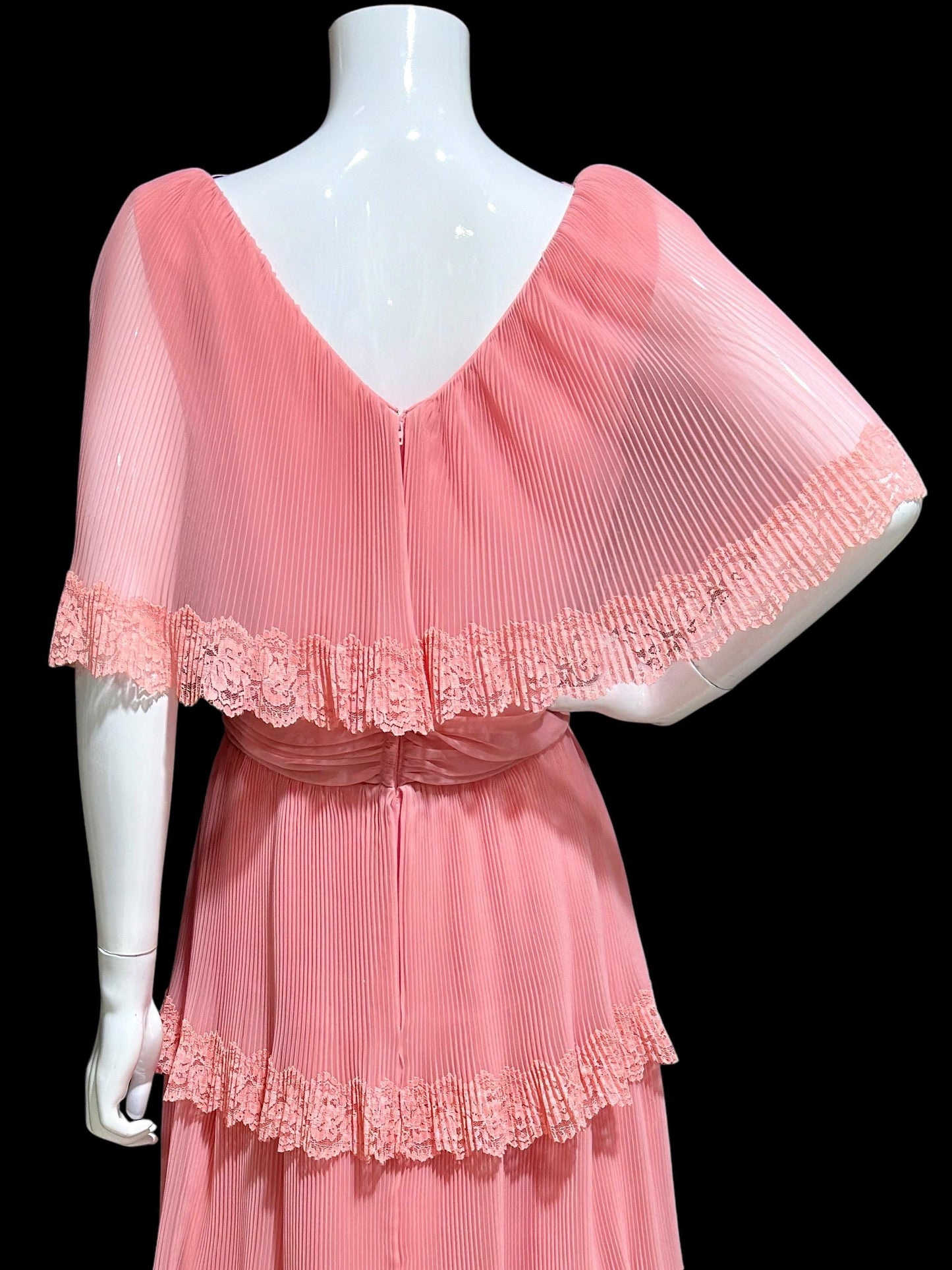 MISS ELLIETTE vintage 1970s pleated chiffon evening gown, Old Rose Pink tiered skirt maxi dress with ruffled collar