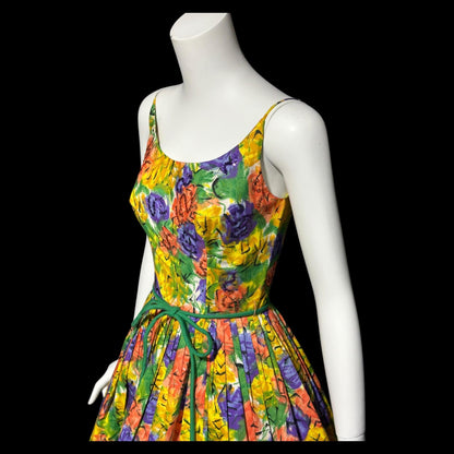 1950s vintage Dress, Floral Cotton Pinup Sundress, Pleated full skirt with sequins