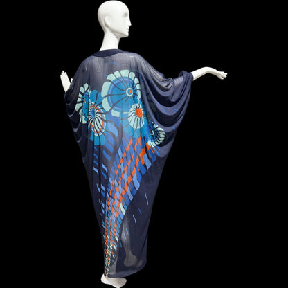 GOTTEX Vintage 1970s sheer kaftan caftan style dress, Sheer nylon navy blue Abstract flowers