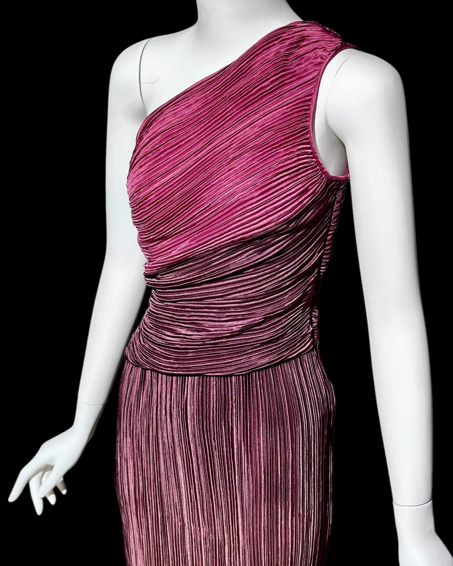 JERI vintage evening dress gown, 1970s one shoulder draped pleated formal gown, raspberry and plum grecian goddess gown