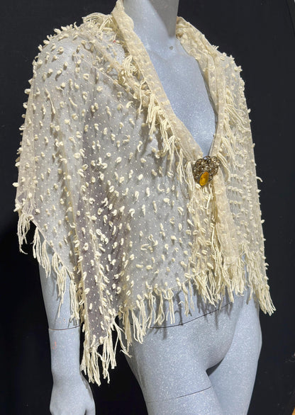 Victorian Edwardian fringed shawl scarf, Creamy White net and yarn Bridal Wrap