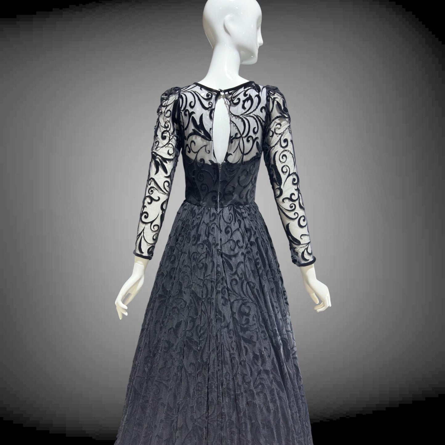CAROLINE CHARLES, vintage 1980s evening dress ball gown, Made in England, Neiman Marcus Black formal dress