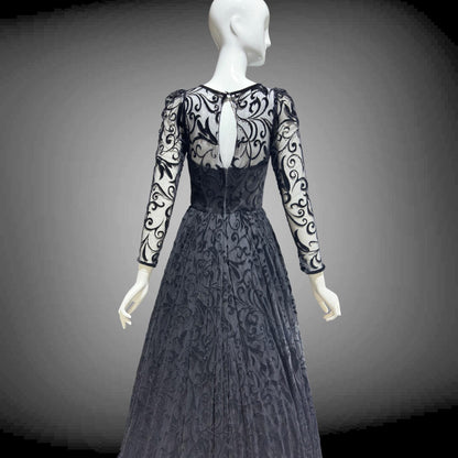 CAROLINE CHARLES, vintage 1980s evening dress ball gown, Made in England, Neiman Marcus Black formal dress