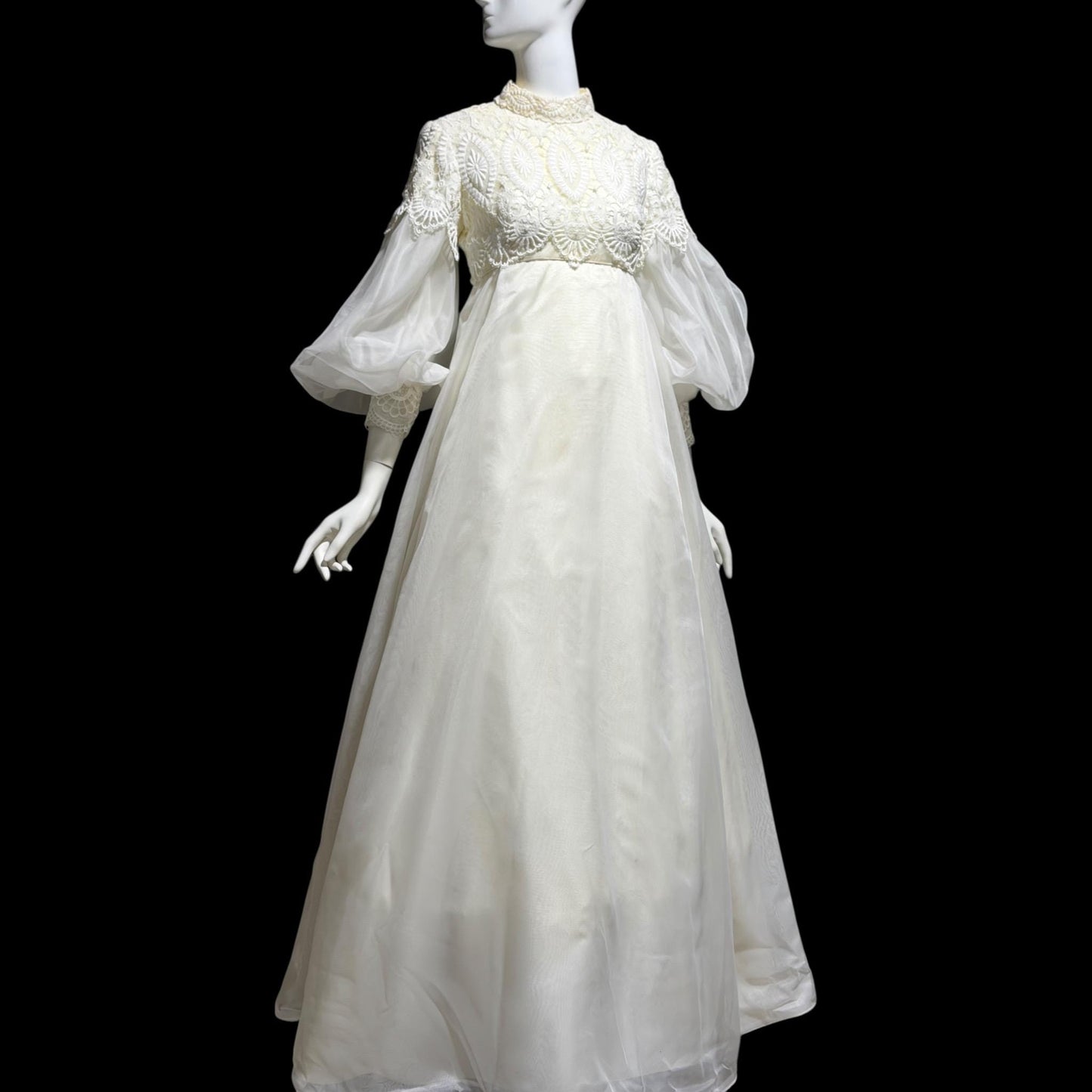 EMMA DOMB vintage wedding dress gown, 1960s white Queen Anne High Neck Juliet Puffed Sleeve Romantic Bride