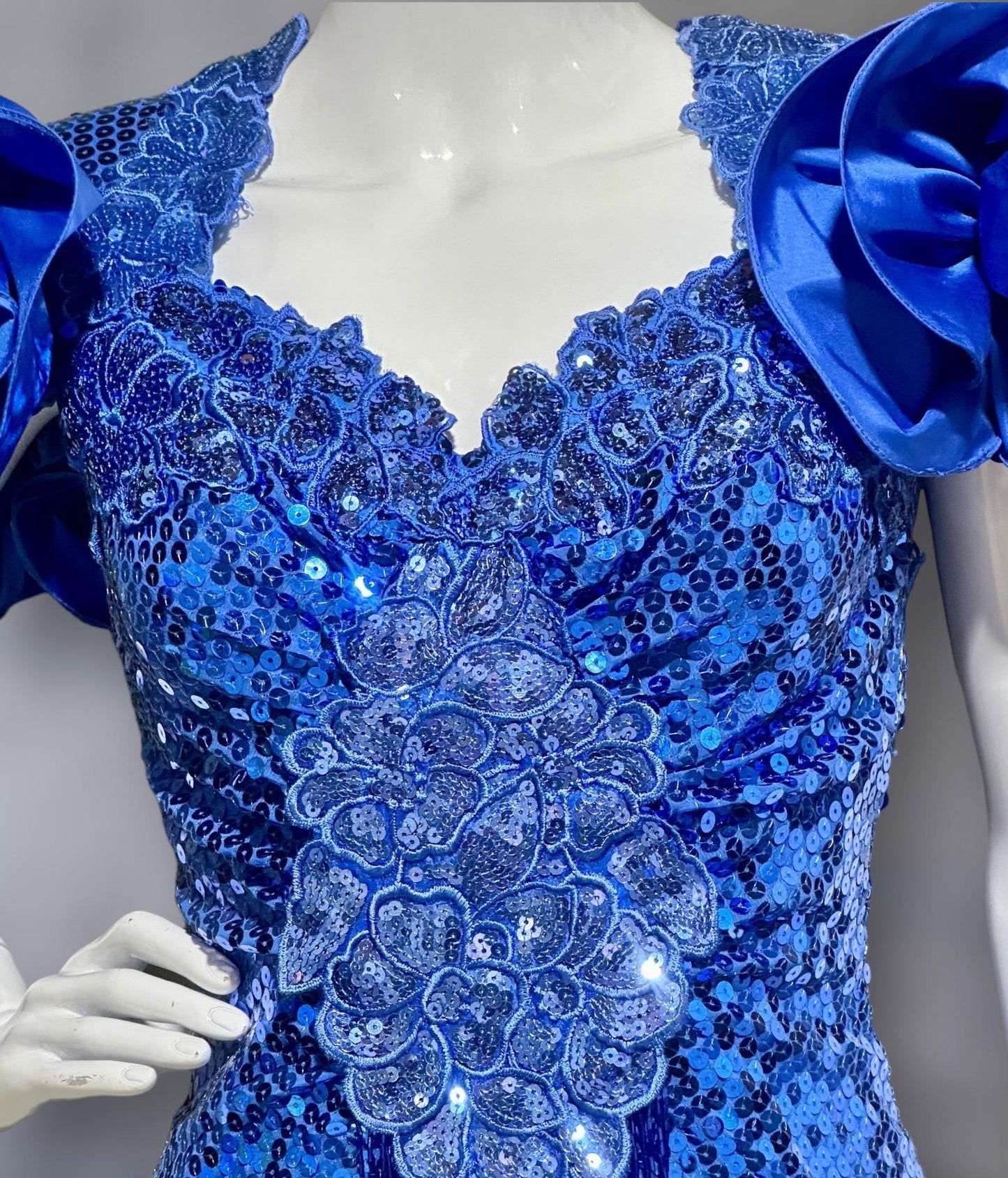 ALYCE DESIGNS 1980s vintage dynasty glam evening gown, Sapphire blue sequins sheath dress, ruffles open back