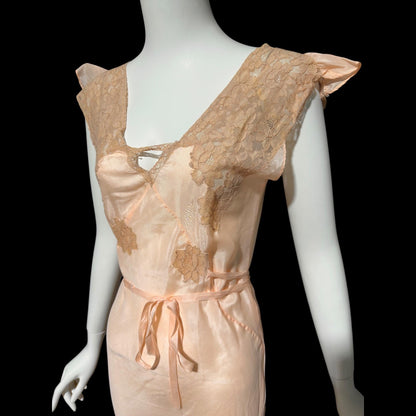 1930s Rayon Slip Dress: Vintage Bias Cut Shiny Peach Nightgown, Lace Trim