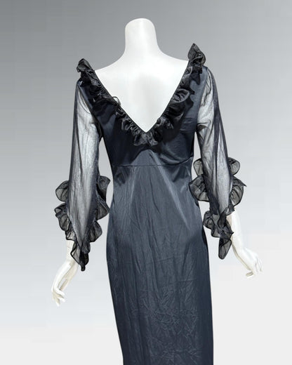 GLYDONS, vintage 1970s nightgown dress, Black sheer see through vampy house dress