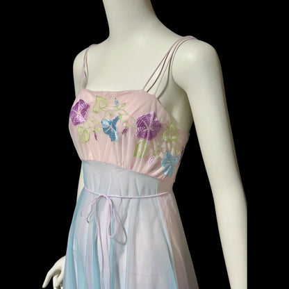 VANITY FAIR, vintage 1950s nightgown slip dress, pastel sorbet sheer chiffon embroidered goddess gown