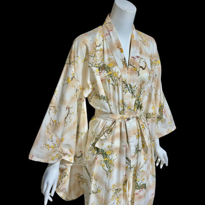 1970s vintage kimono dressing gown, Japanese summer cotton house coat robe, yellow dogwood branches