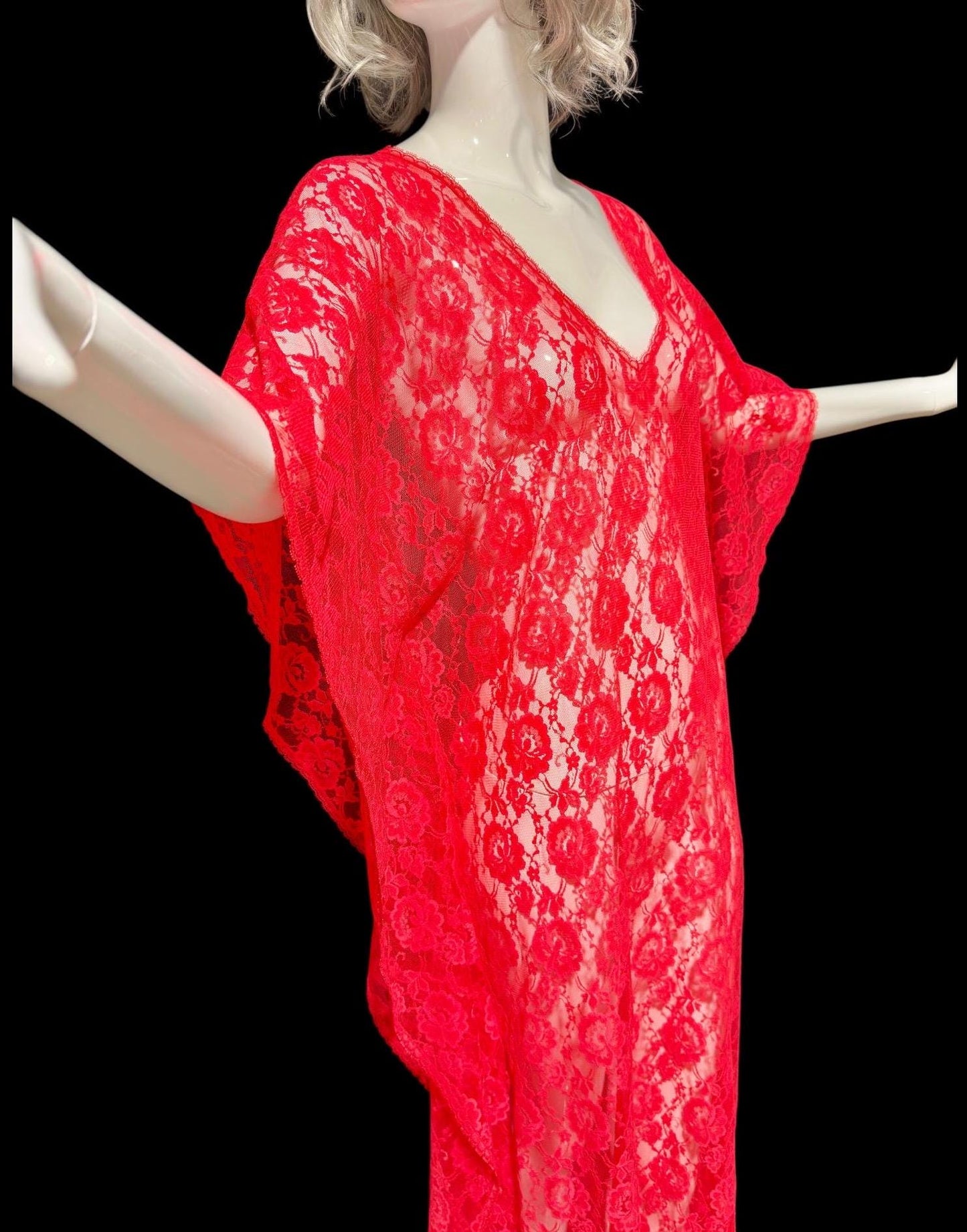 GLYDONS vintage 1960s caftan dress, Red lace sheer see through nylon kaftan