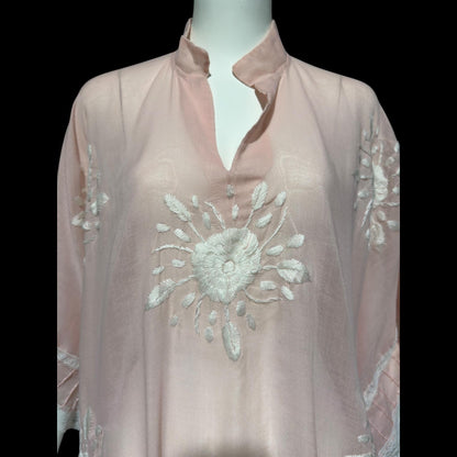 1970s Vintage sheer caftan dress, baby pink cotton poly blend with white embroidered flowers