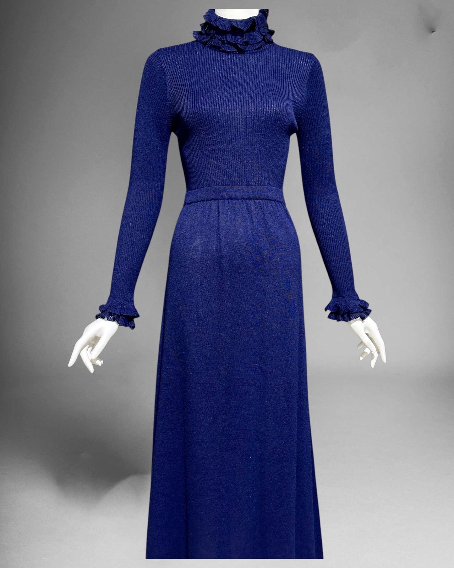 RONCELLI vintage 1970s knit maxi dress, Navy Blue mod acrylic knit dress with Ruffled Turtleneck long sleeves