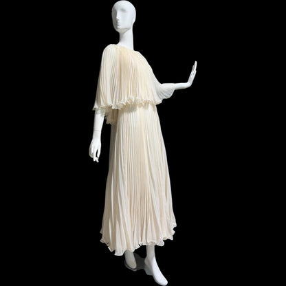 1960s vintage evening dress gown, almond white lace pleated dress, ruffled cape collar