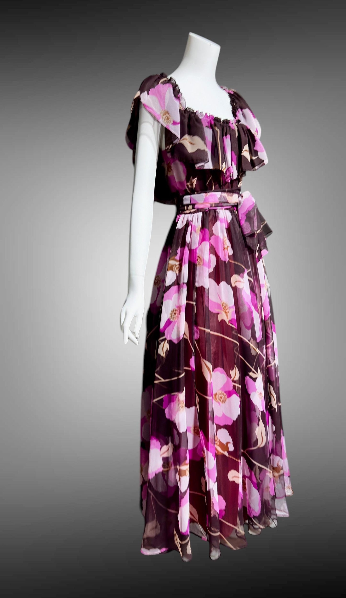 MIGNON New York, vintage 1970s Chocolate Brown Hot Pink Floral Chiffon evening gown