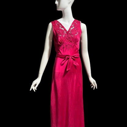PEONY vintage 1950s Silk Nightgown Slip Dress: Made in SHANGHAI Embroidered Magenta bias cut gown