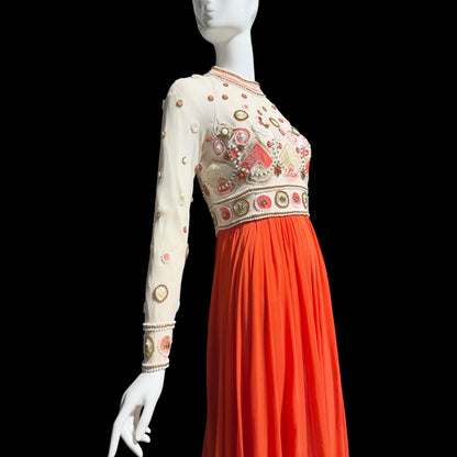 DARNELL of LONDON, vintage 1970s evening gown, Designer Beaded Orange Chiffon formal dress