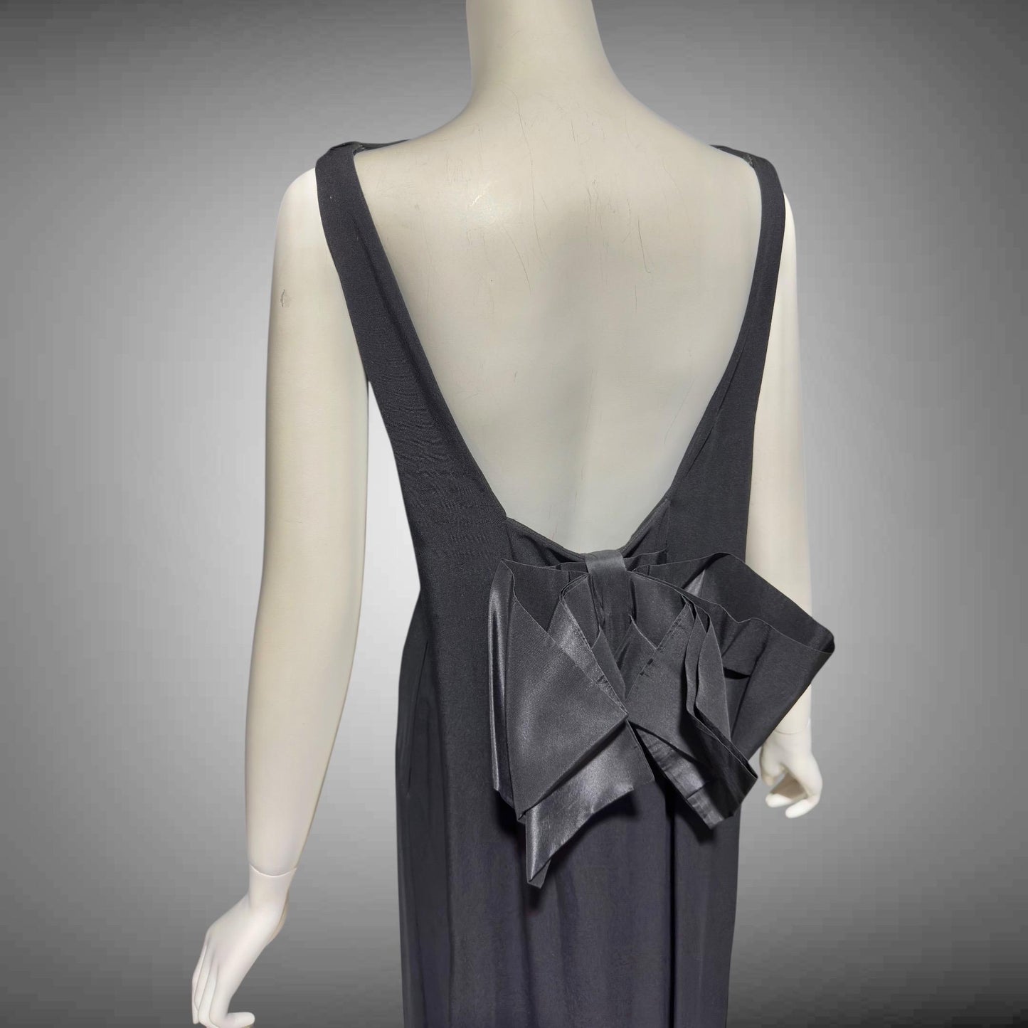 CAMEO vintage 1960s evening dress gown, black formal dress, backless watteau back