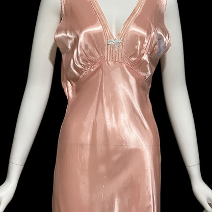 1940s vintage nightgown slip dress, Shiny dusty rose peachy pink bias cut slip dress, full length