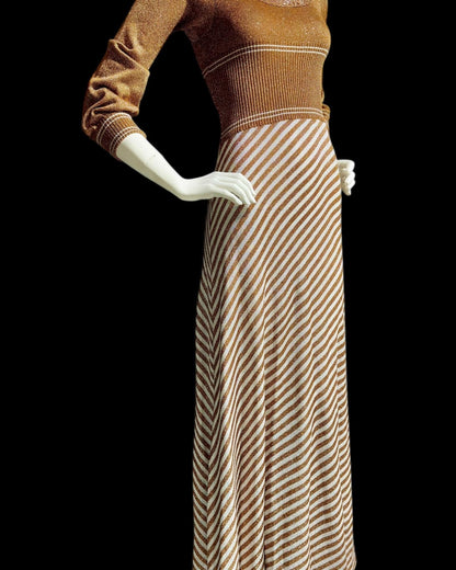 WENJILLI, vintage 1970s lurex maxi dress, Copper Metallic lurex Knit Maxi Dress Crochet Neckline
