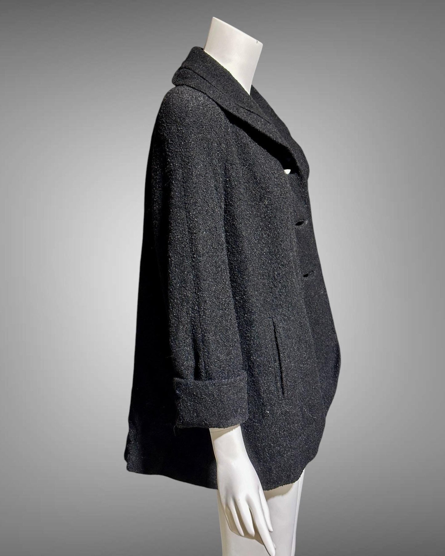 1940s vintage swing coat, black nubby wool jacket, portrait collar button front, evening opera coat