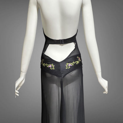 JACALYN BENNETT for FREDERICK'S of Hollywood, vintage Y2K nightgown slip dress, black silk and mesh