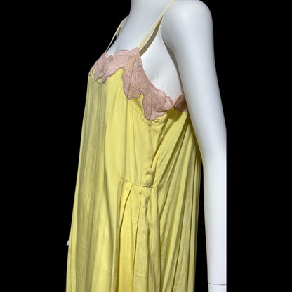 1920s vintage nightgown slip dress, canary yellow silk and pink lace shift dress
