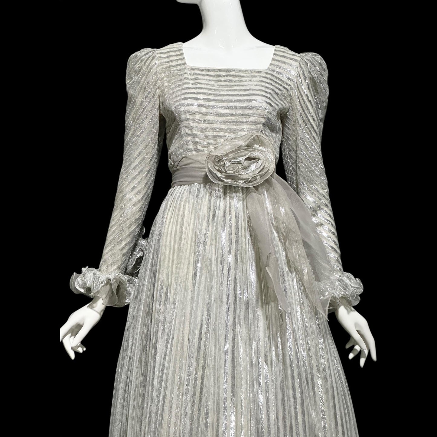 KAY KIPPS Vintage 1970s Evening Dress Gown: silver metallic gall gown long dress