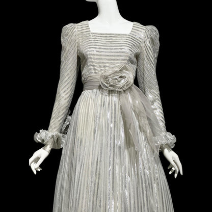 KAY KIPPS Vintage 1970s Evening Dress Gown: silver metallic gall gown long dress