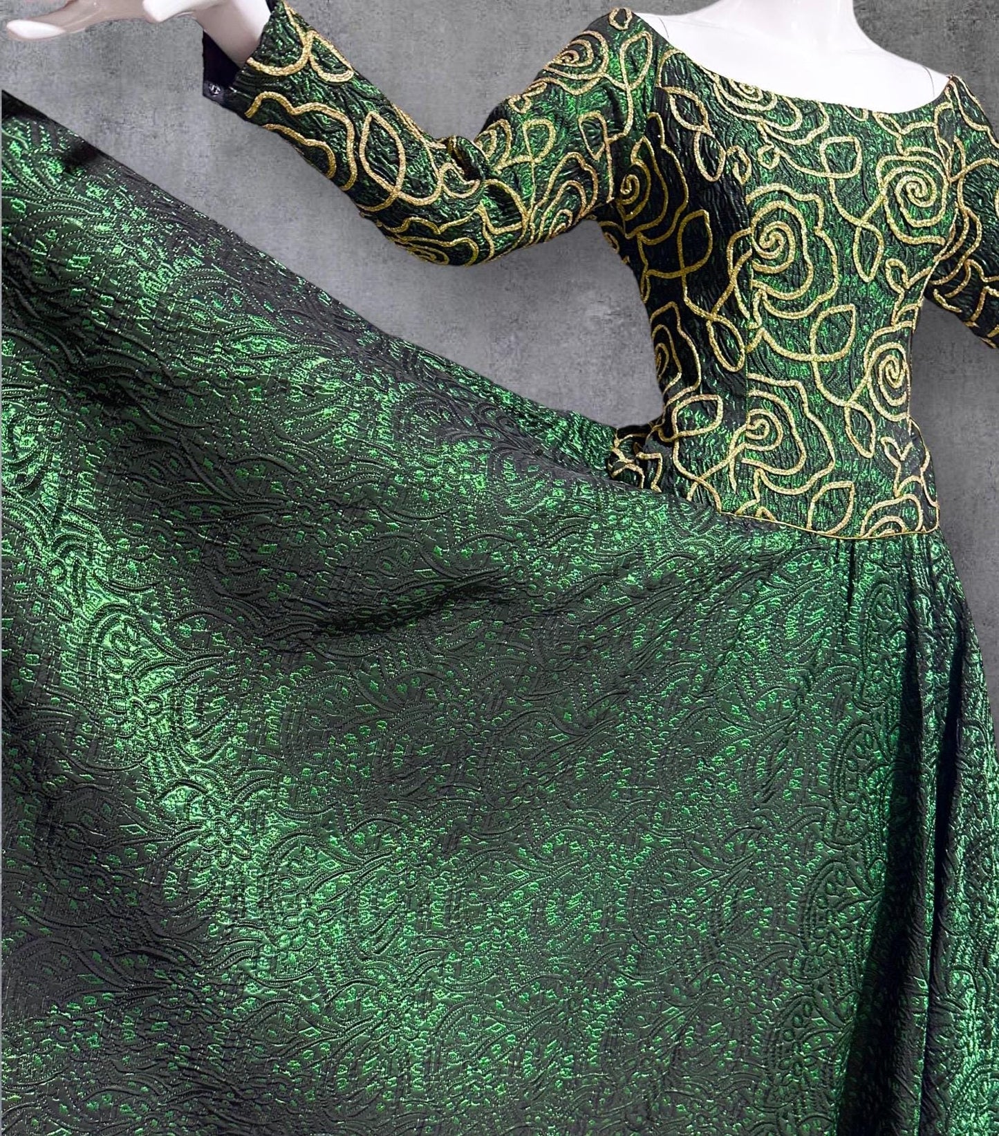 TERENCE NOLDER London, 1980s vintage gown, deep green and gold long sleeve ball gown