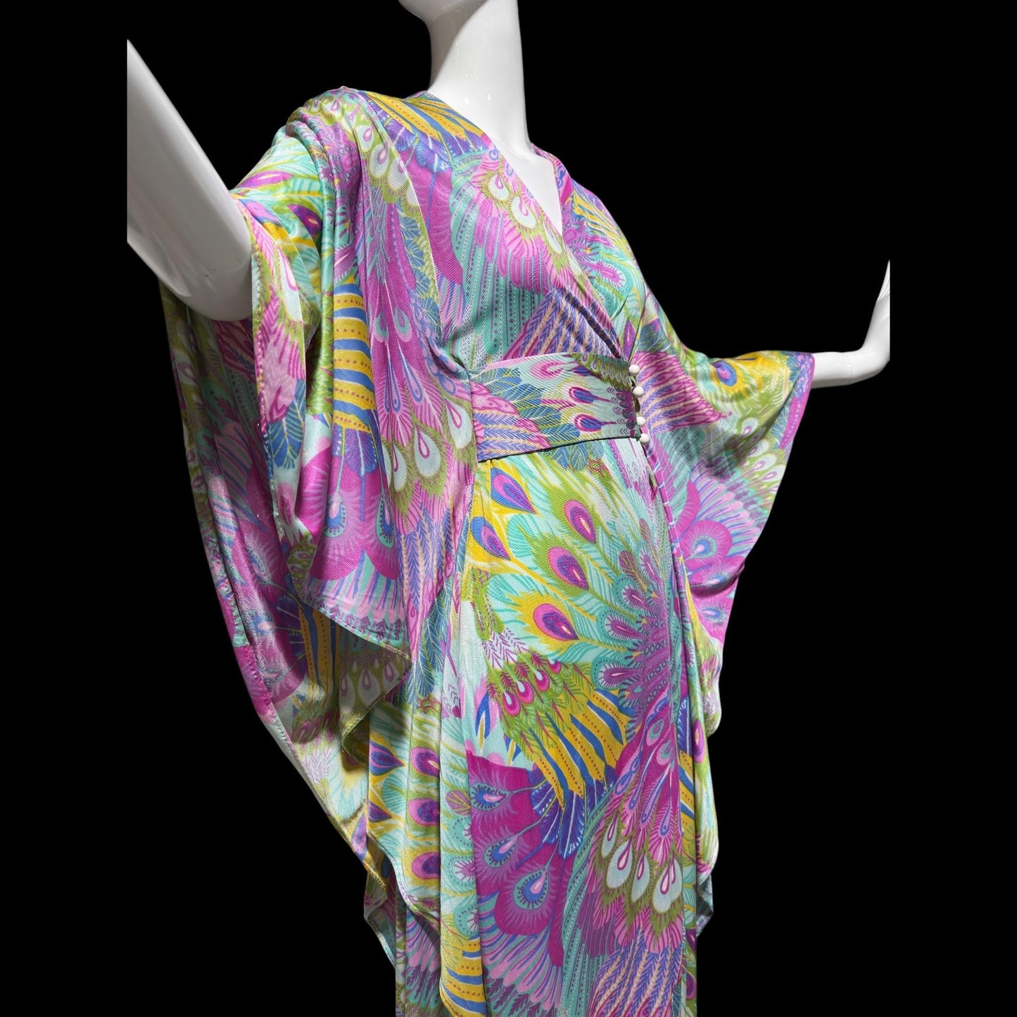 FREDERICK'S of HOLLYWOOD vintage 1970s caftan dress, psychedelic nylon Op Art kaftan House Dress