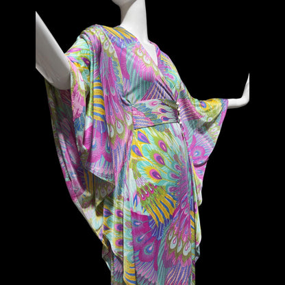 FREDERICK'S of HOLLYWOOD vintage 1970s caftan dress, psychedelic nylon Op Art kaftan House Dress