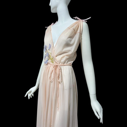KICKERNICK Vintage 1940s Nightgown Slip dress: Sheer Pink Grecian Goddess gown with flowers