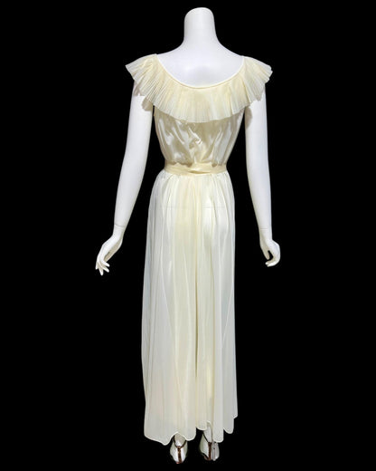 VANITY FAIR Julius Garfinckel, vintage 1940s Ivory sheer chiffon lace pleated Grecian goddess gown