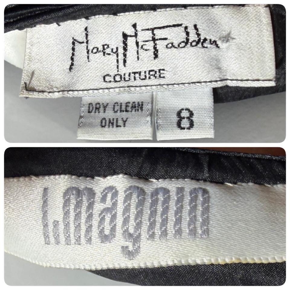 MARY MCFADDEN COUTURE vintage 1980s evening dress, I.Magnin black beaded plisse pleats gown