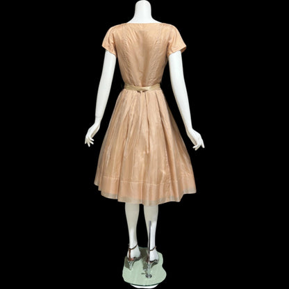 GIGI YOUNG, vintage 1950s dress, Toasty Caramel organza cocktail party dress, pleated fit & flare dress