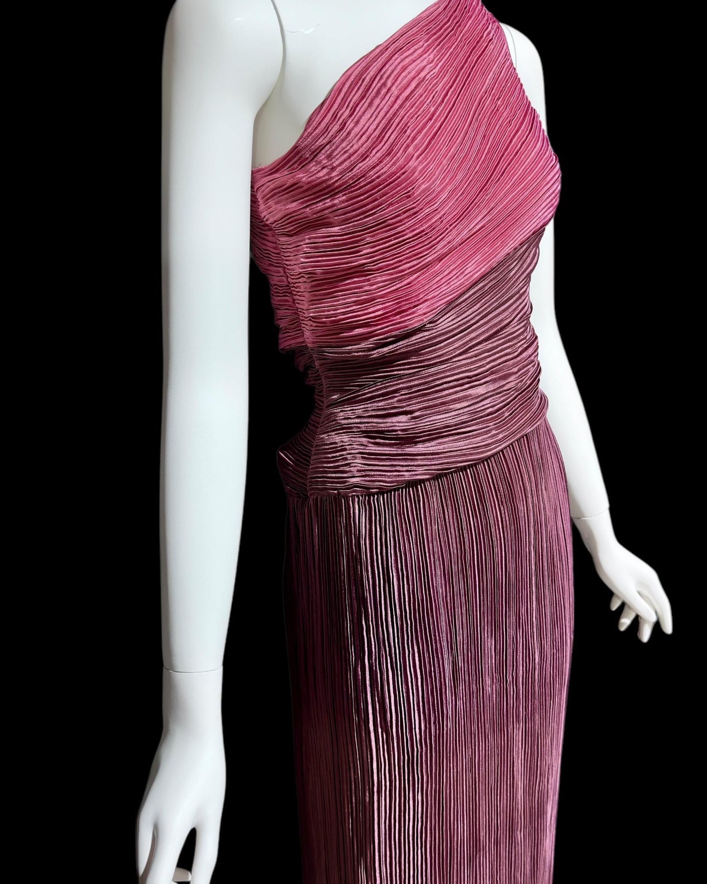 JERI vintage evening dress gown, 1970s one shoulder draped pleated formal gown, raspberry and plum grecian goddess gown