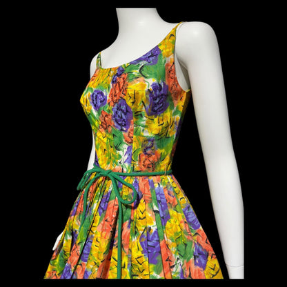 1950s vintage Dress, Floral Cotton Pinup Sundress, Pleated full skirt with sequins